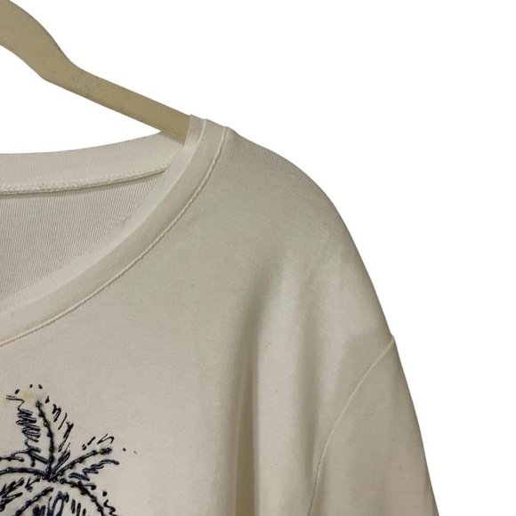 Olsen Europe Cream Floral Palm Tree Tee Large? Sequins 3/4 Sleeves Cotton - Picture 3 of 8